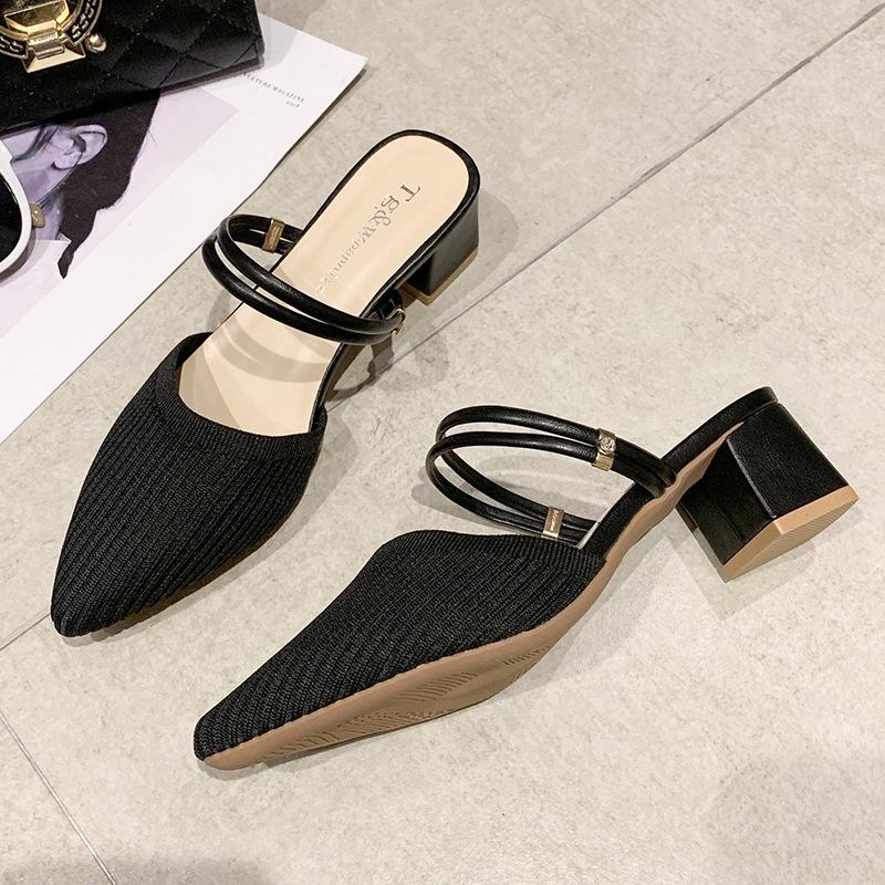 Internet Celebrity Bag Head, One Shoe, Two Sandals, Women's 2025 Summer New Knitted High-heeled Thin-heeled Outer Wear One-word Cool Slippers