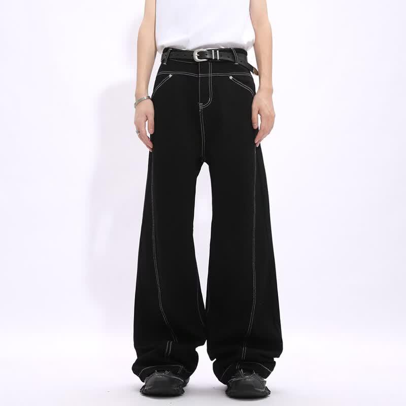 VOGUO RELAY Unisex Contrast Stitch Wide-Leg Jeans XS