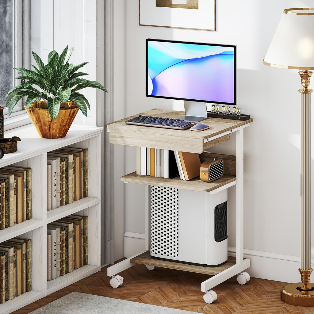 Rolling Desk with Drawer and Shelves, 4 Wheels, Compact, Chipboard, Metal