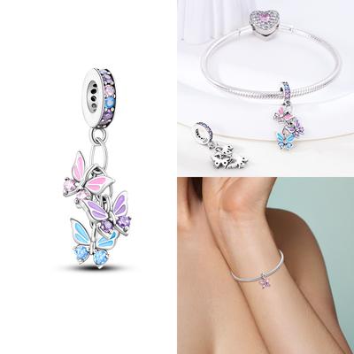Charms Perles Zircon Rose Papillon Ailes de Lucioles Lumineuses Adaptés Bracelet Argent 925 Femmes Bricolage Cadeau Festival Bijoux