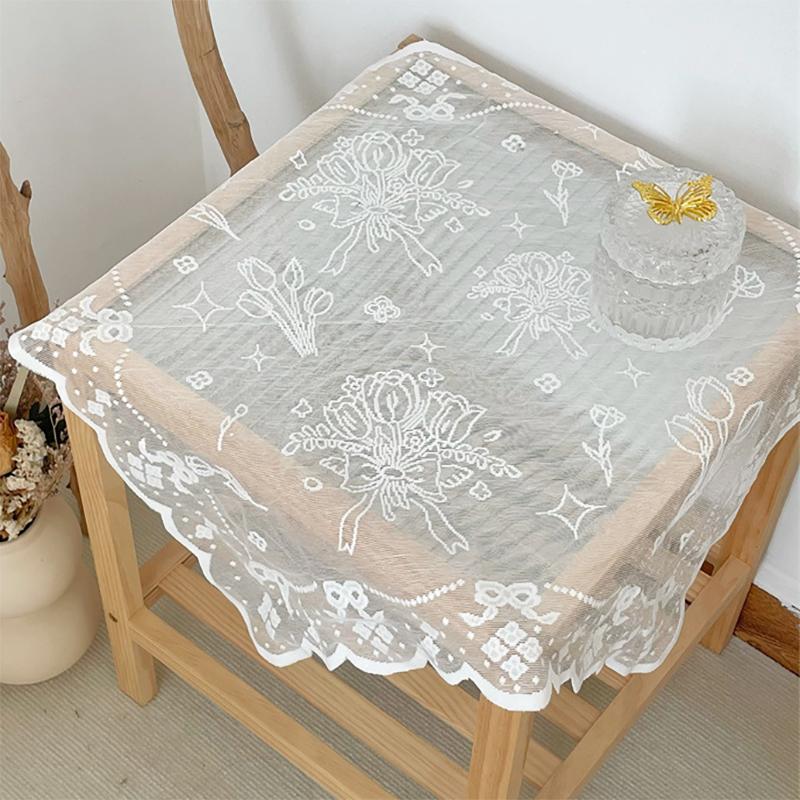 New French Tulip Bouquet Lace Tablecloth, Coffee Table, Bedside Table Cover, Plain White Three-Dimensional Table Runner 60x60cm белый