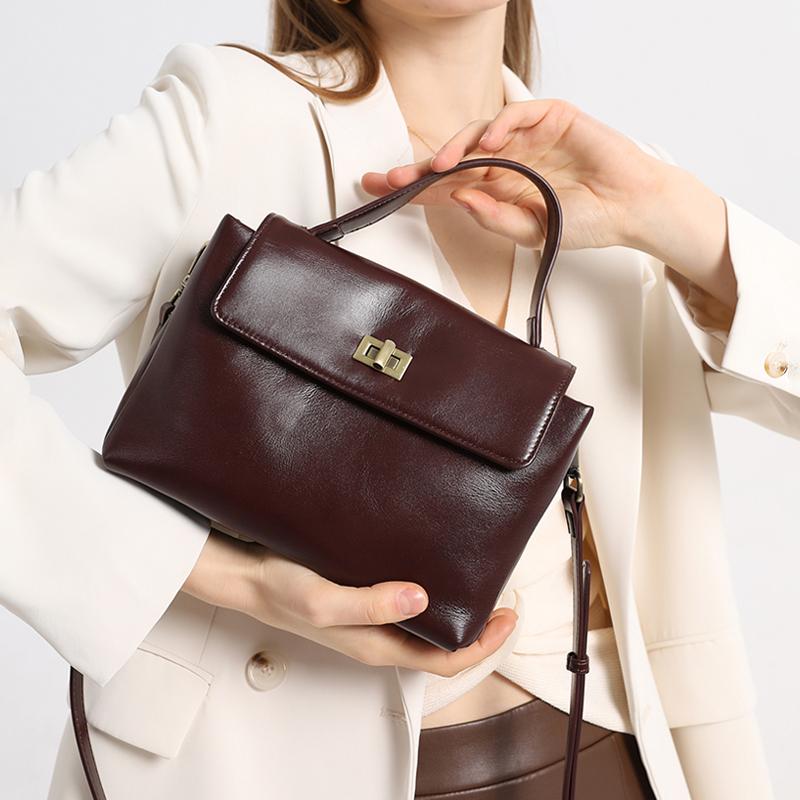 Genuine Leather Top Handle Crossbody Bag for Women Vintage Oil Wax Leather Shoulder Bag Small Luxury Designer Satchel Handbag
