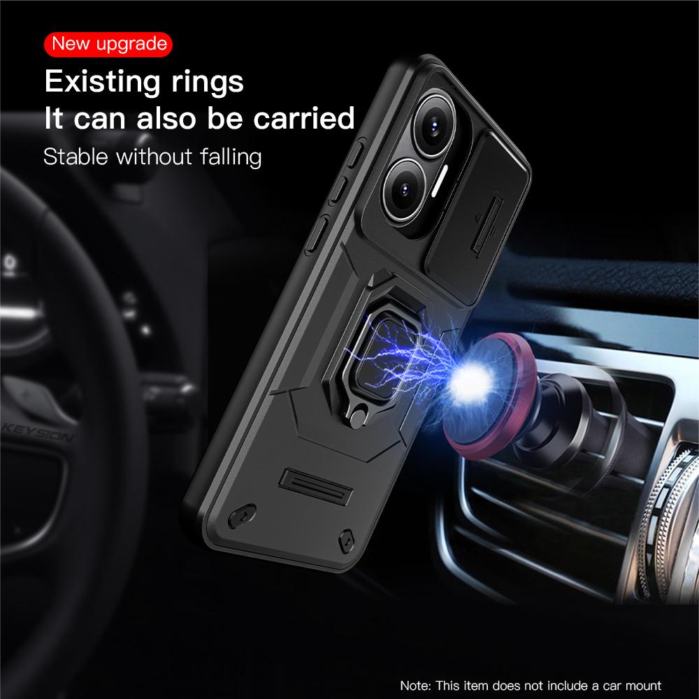 KEYSION Shockproof Armor Case for Xiaomi POCO F7 5G Slide Camera Lens Protection Ring Stand Phone Cover for Redmi Turbo 4 Pro