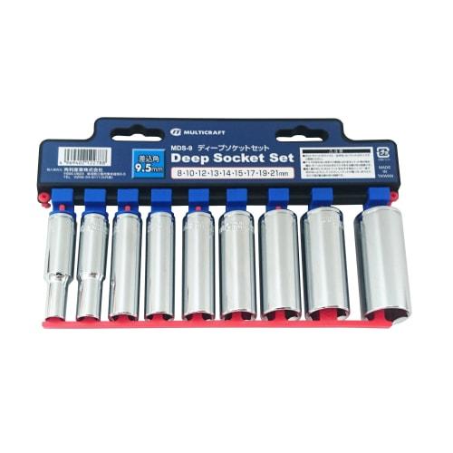 KAKURI Deep Socket Set, 9-Piece Set, 64mm Overall Length, 9.5mm Square (3/8 Inch) Drive, 8/10/12/13/14/15/17/19/21mm, Long Type, Multicraft MDS-9