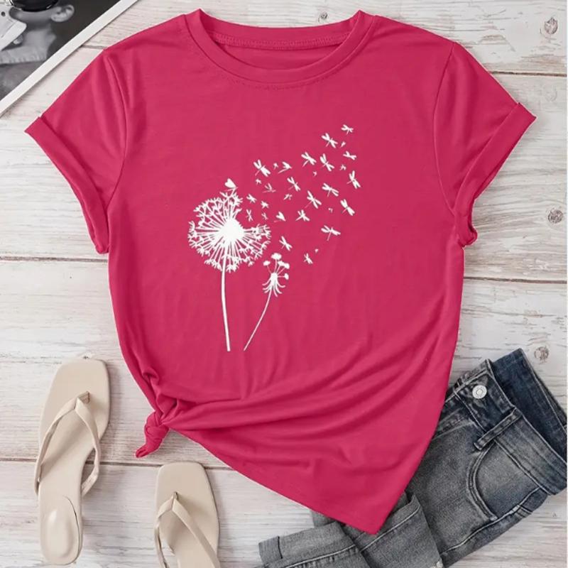 T-shirt à col rond imprimé pissenlit, T-shirt décontracté à manches courtes pour le printemps et l'été, Vêtements pour femmes