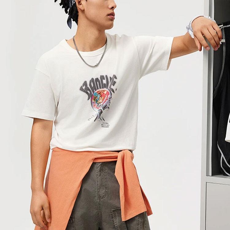 Li Ning Badfive Tactical Letter Print Casual Loose Round Neck T-Shirt Men Tops Off-White AHSU431-2