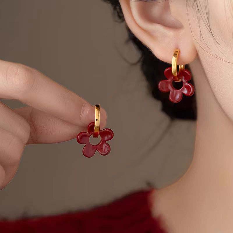 Vintage Red Glazed Flower Hoop Earrings for Women Girls 2024 New Trendy Design Petal Temperament Earrings Zircon