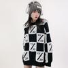 Autumn Winter Women's Checkerboard Oversized Sweater Loose Outer Wear Lazy Style Thickened Casual Knit Top