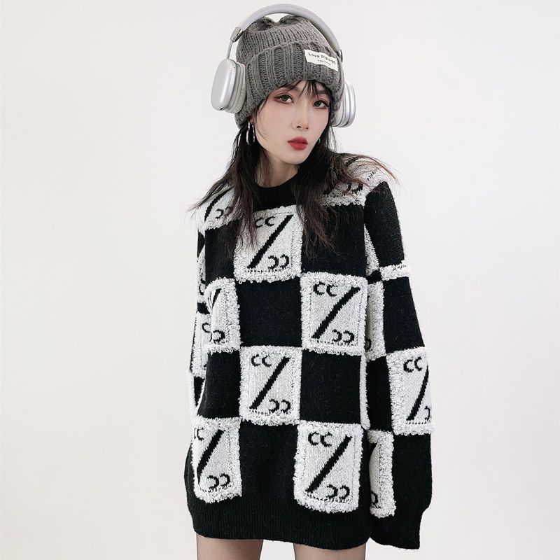 Autumn Winter Women's Checkerboard Oversized Sweater Loose Outer Wear Lazy Style Thickened Casual Knit Top