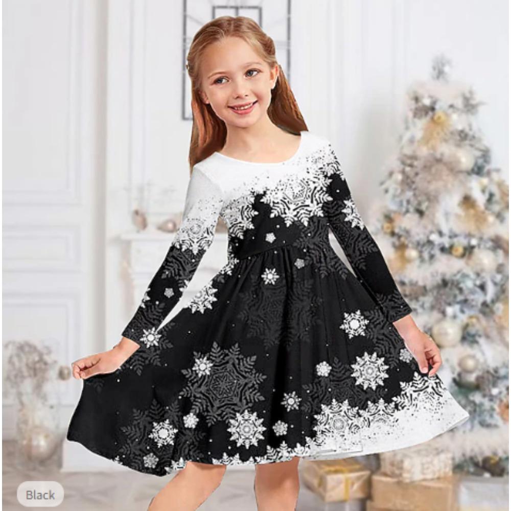 Girl Casual 3D Snow Gradient Print Round Neck Long Sleeve Dress Kid Princess Dress