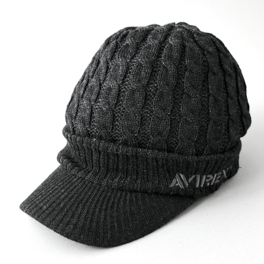 AVIREX Cable Knit Cap with and Winter Knit Black 023 Loose-Fit Brim, Men's Women's Cap, Mix,
