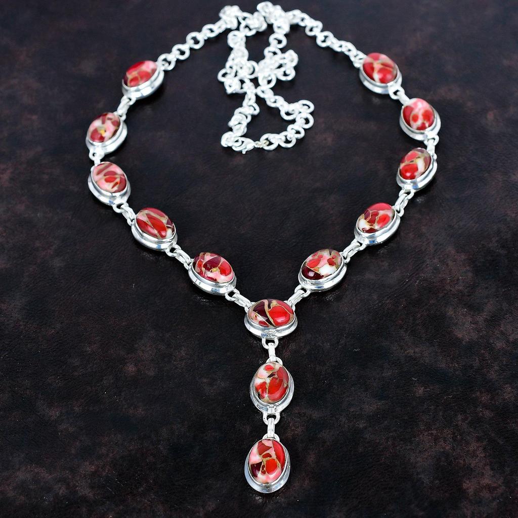 Kingman Red Mohave Copper Turquoise Necklace 925 Sterling Silver Necklace Gemstone Adjustable Chain Necklace Handmade Jewelry Gifts for Wife