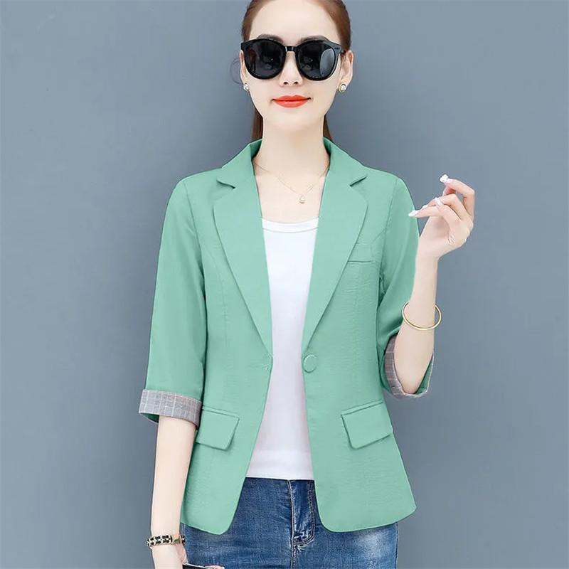 Summer Women Thin Blazer Jacket  New Korean Single Button 3/4 Sleeve Short Jacket Coat Lady Office Blazers Outerwear 3XL