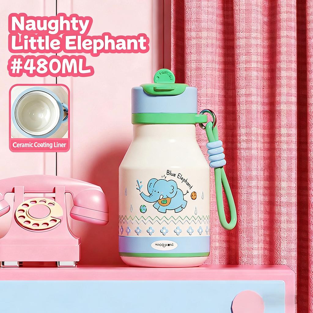 Modern Children's Cartoon Cute Stainless Steel 480ml Leak-Proof Vacuum Insulated Anti-Fall Thickened Strap Water Straw Cup