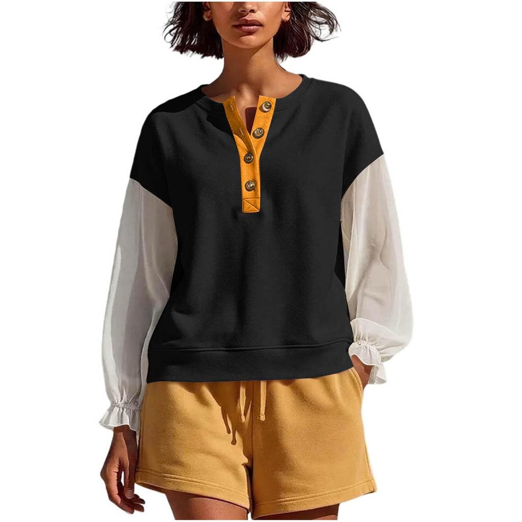 Women's Pullover Sweatshirt with Chiffon Long Sleeves Color Block Design Casual Loose Fit Buttoned Neckline