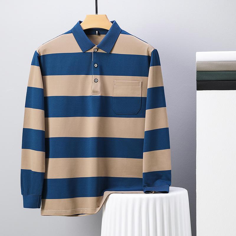 Men's Polo Shirt Lapel Long Sleeve T-Shirt Autumn Contrast Color Striped Pocket Fashion Business Menswear