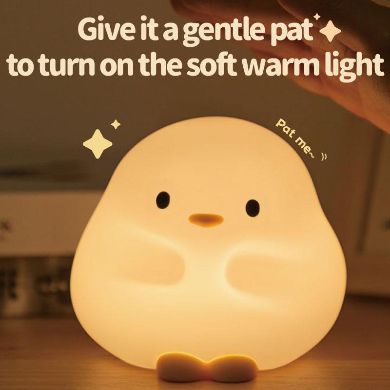 Cute Duck Cartoon Animal LED Night Light - Silicone Touch Sensor Timing USB Rechargeable Lamp for Children Birthday Presents