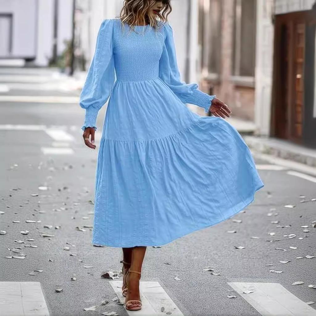 Boho Lantern Sleeve Dress Women - Round Neck Long Sleeve Maxi Casual Loose Fit Fall Vacation Dress