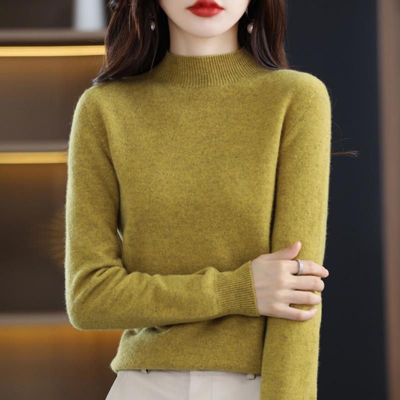 Women's Cashmere Knit Sweater - 2023 Autumn/Winter, Half-High Neck, Slimming Fit, Solid Color Pullover