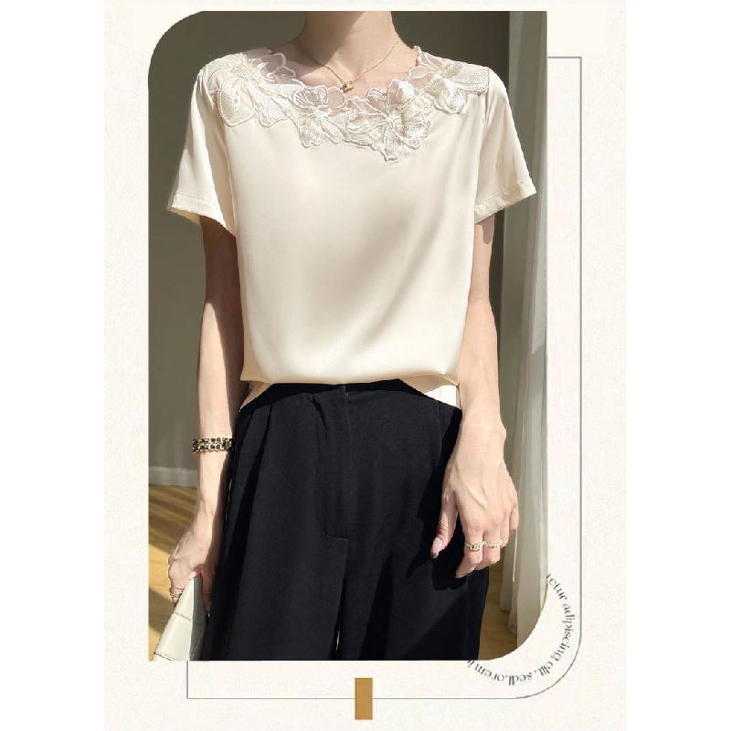 Summer new floral mesh short-sleeve casual T-shirt for women, fashionable top