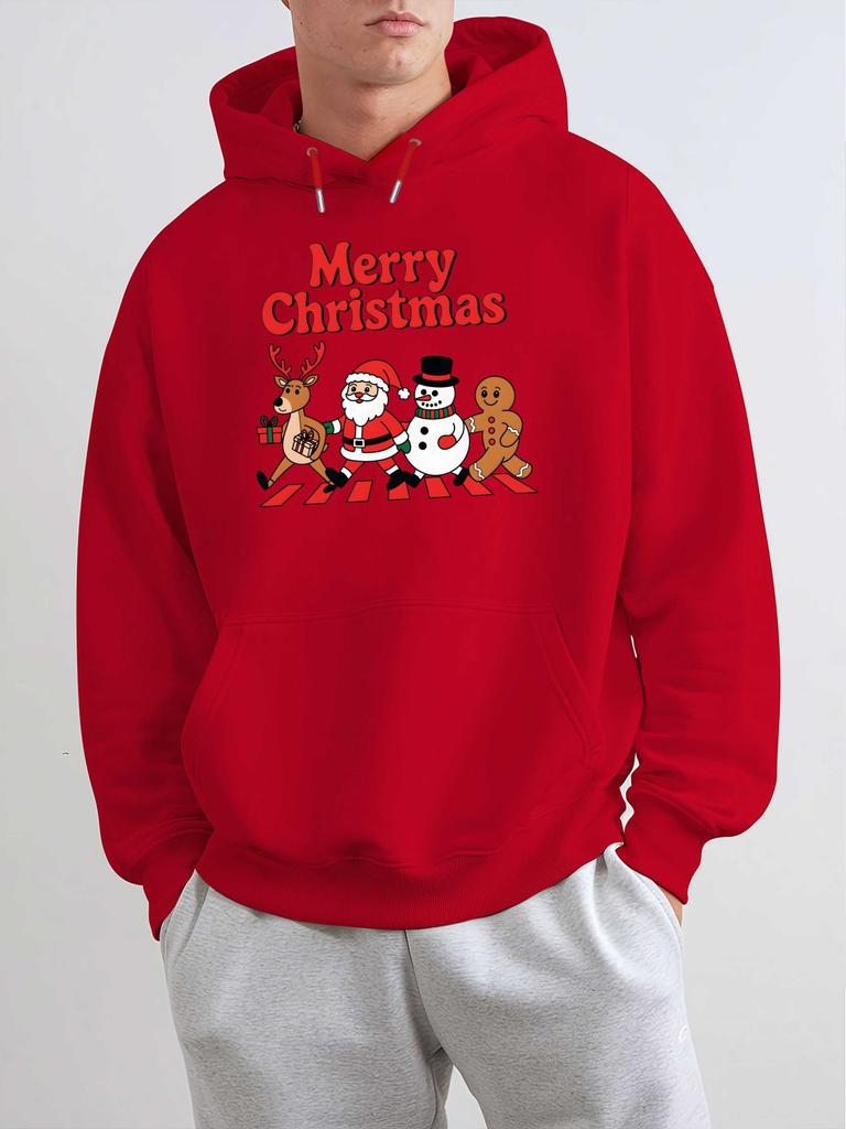 New men's streetwear-style hooded sweatshirt featuring a Christmas-themed reindeer and Santa Claus print—suitable for autumn and winter wear.