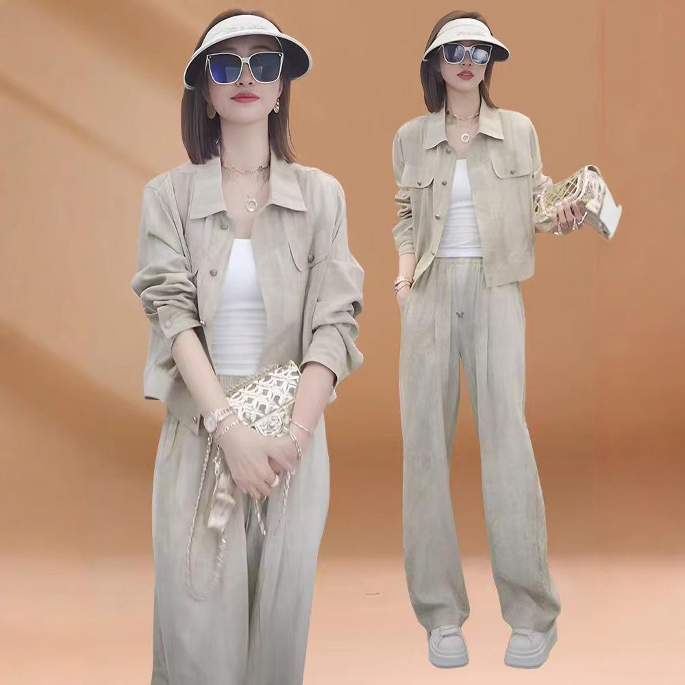 Autumn 2025 Women's Casual Set: Slim Lapel Top & High-Waisted Wide-Leg Pants