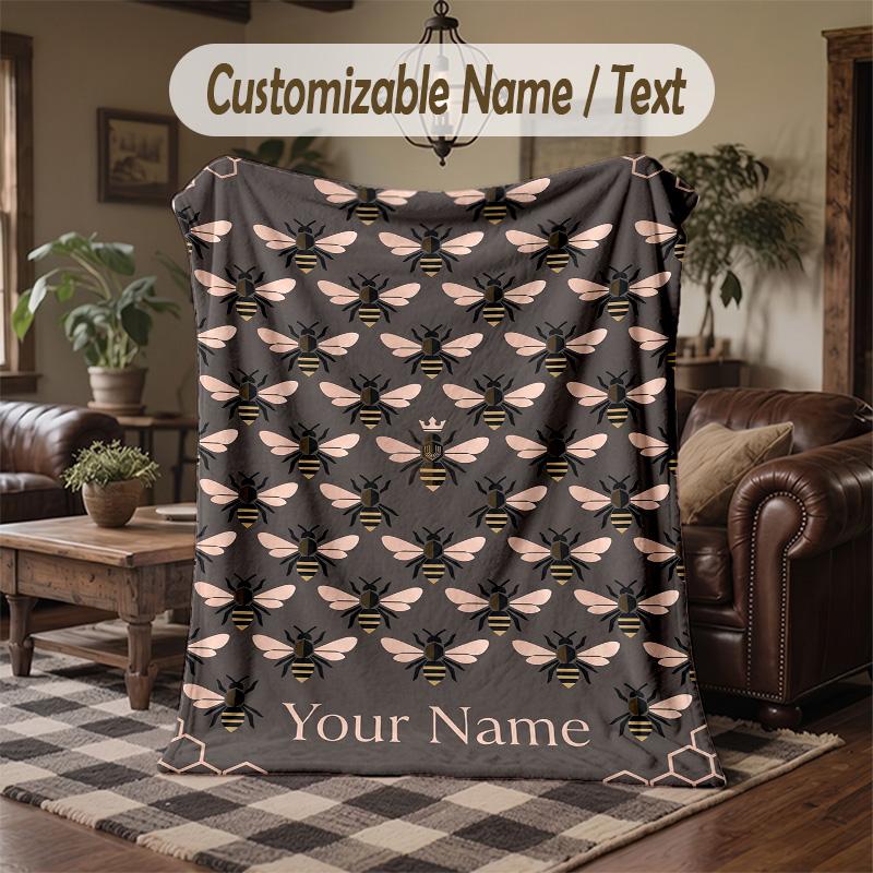 Bee Floral Garden Theme Throw Blanket Custom Name Text Personalized Blanket Soft Cozy Blanket for Home Sofa Bed