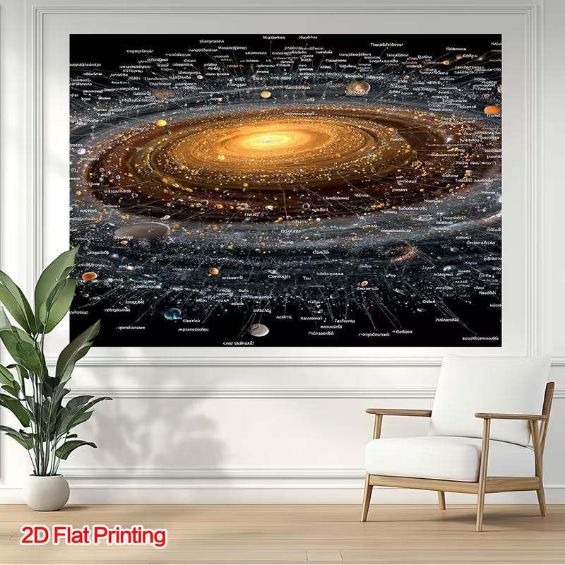 2D Space Galaxy Tapestry, Detailed Solar System with Planet Labels Background