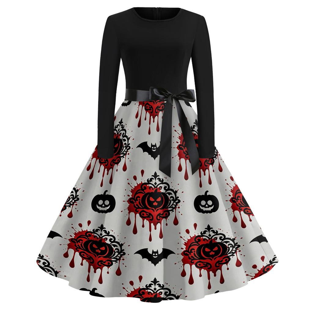Women's Retro Halloween Print Long Sleeve Neck Casual Dress for Fall Party