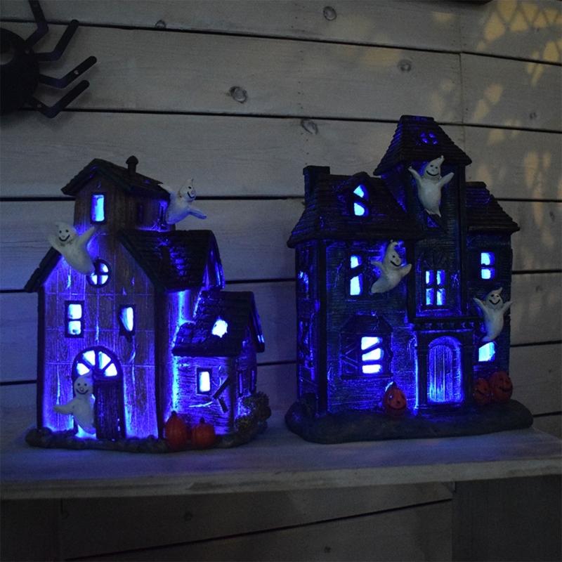 Halloween Light-Up House Ornament, Resin Building with White Figures and Gourd Motifs for Seasonal Display Scenes