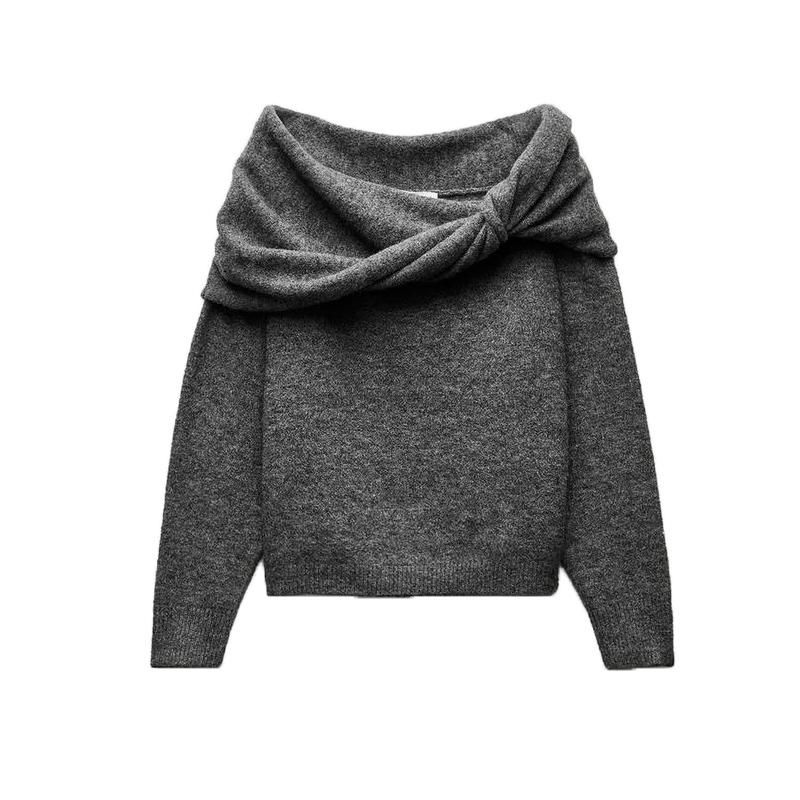 Spring New Women's Clothing Loose and Idle Asymmetrical Twist Straight Collar Long Sleeves Shoulder-Baring Sweater 3653118