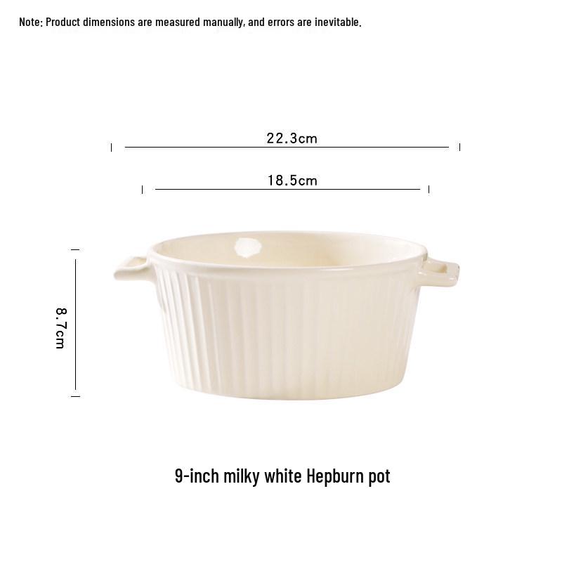 9-inch Double-Handled Ceramic Soup Bowl with Vertical Stripes, Large Capacity, Raised Design, Cream Style, New Model.