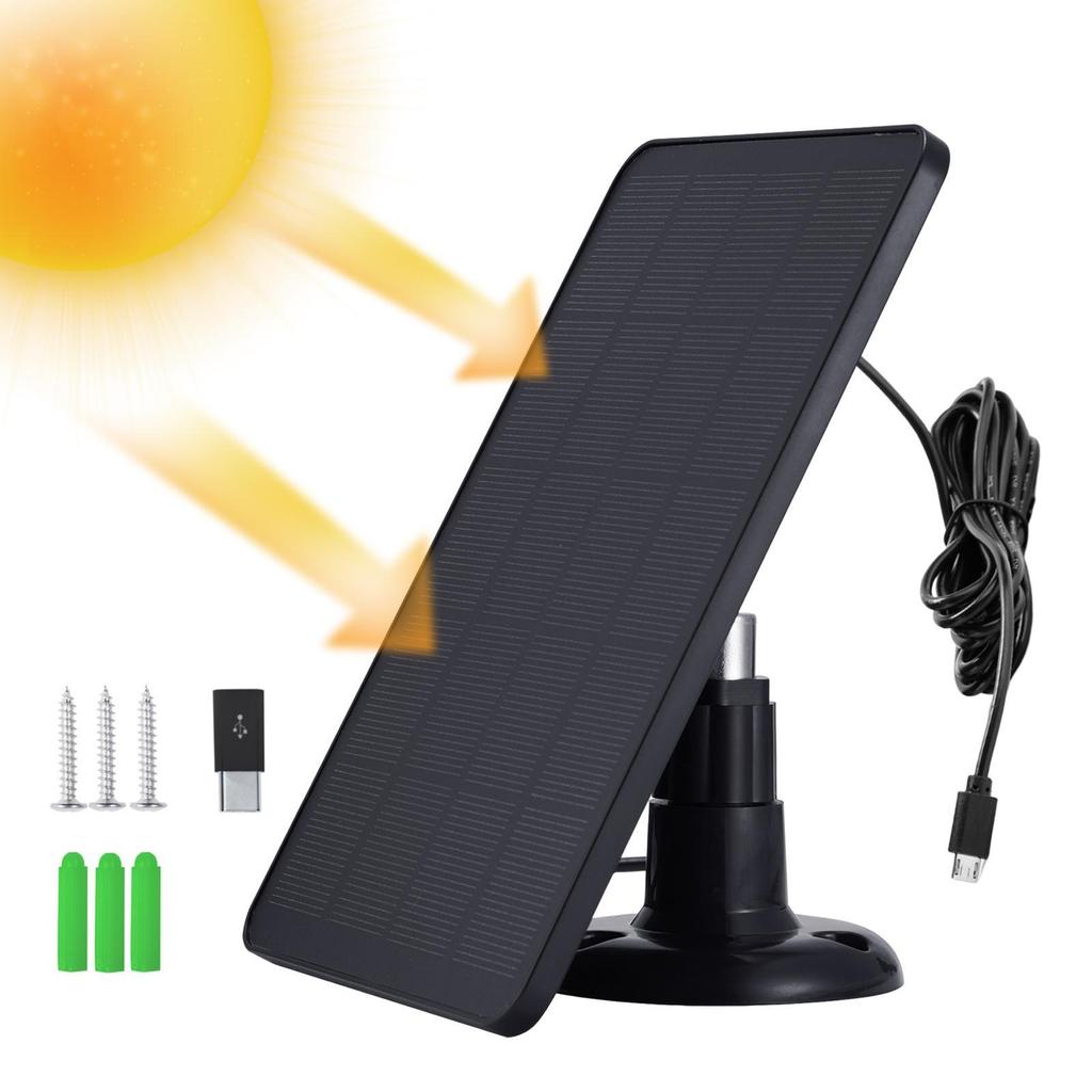 Solar Panel for Security Camera, 5V 4W Micro USB & USB-C Port Solar Panel for Wireless Outdoor Security Camera, IP65 Waterproof Solar Charger 360° Adjustable Bracket (Black