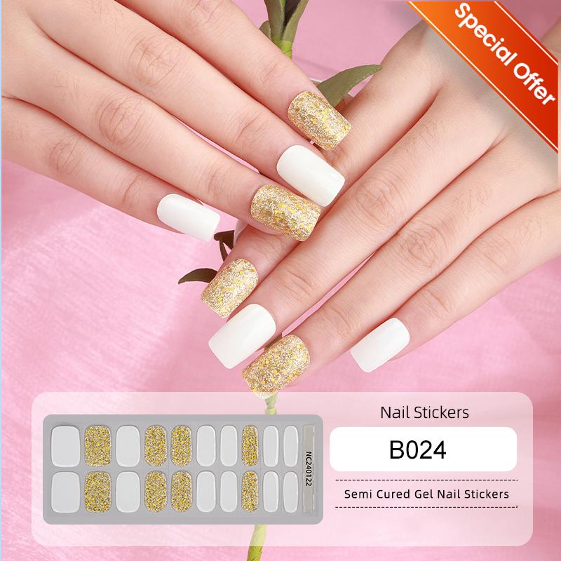 20Tips Gradient French Semi-cured Gel Nail Sticker UV Lamp Needed Full Cover Nail Gel Polish Wraps Manicure Press On Nails Decal