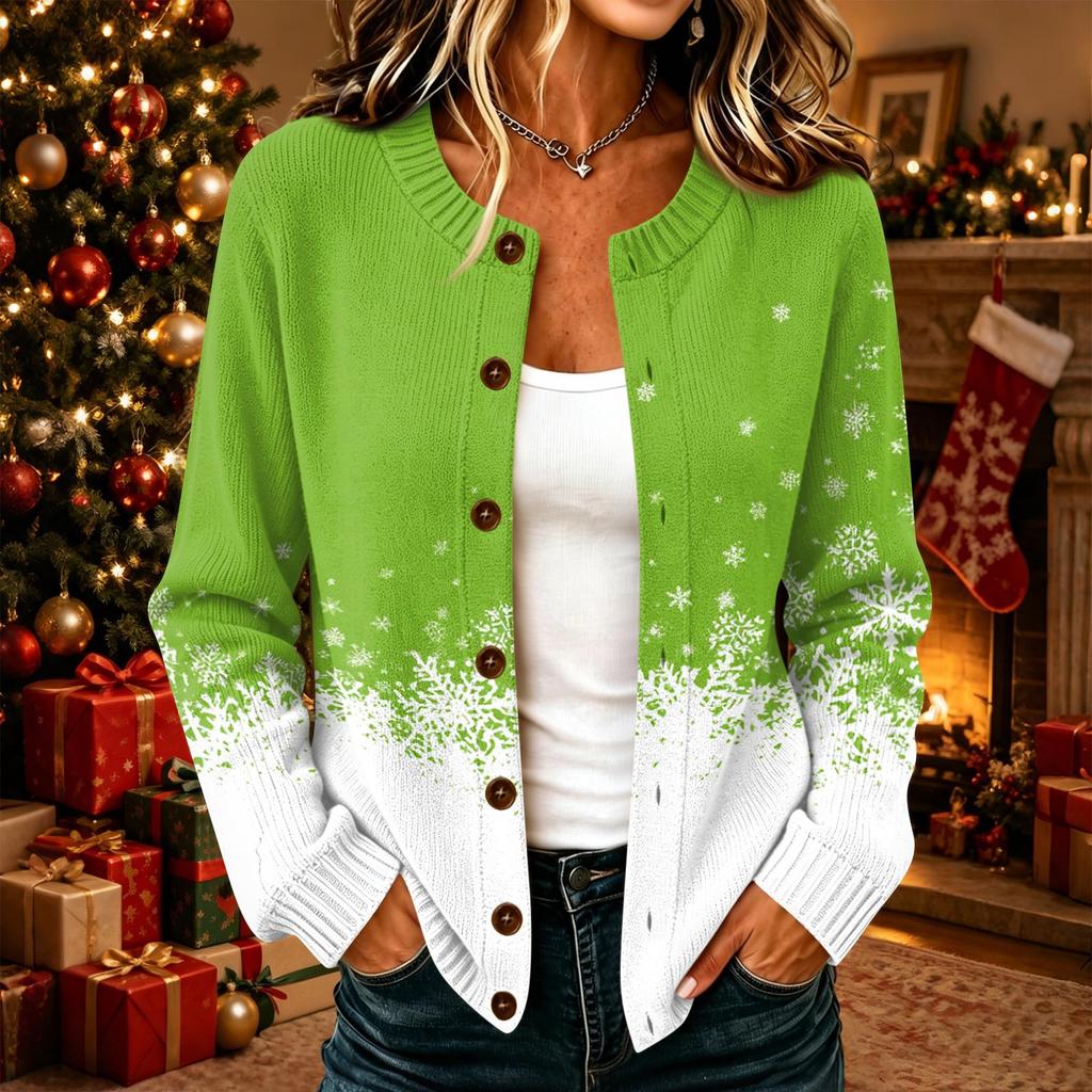 Women's Casual Christmas Print Long Sleeve Button-Up Knit Cardigan Sweater Coat for Holiday Wear