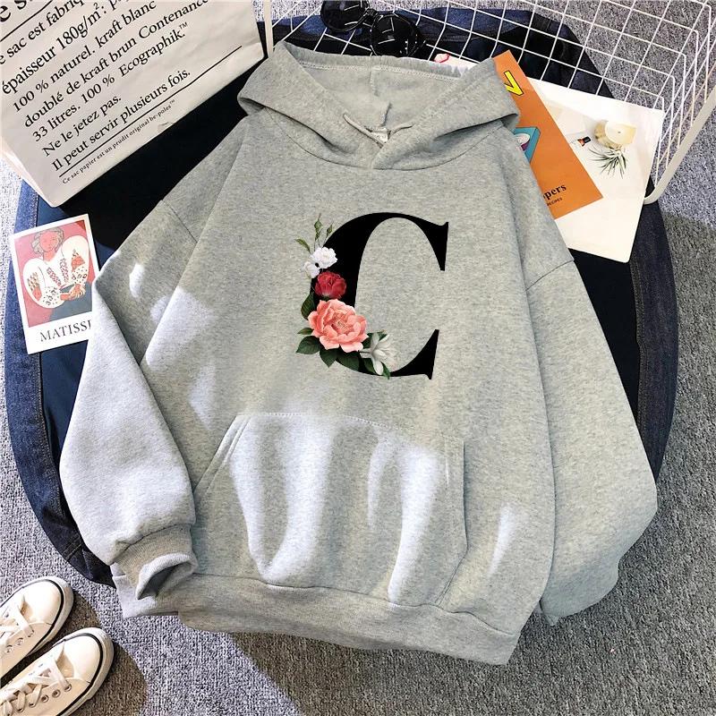 New in Womens Hoodies Casual Letters A-Z Printed Sweatshirts Sportswear Outdoors Sports Jogging Woman Clothing Running Grey Tops