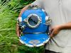 Blue Coated Diving Helmet: Collectible Maritime Deep Sea Decor