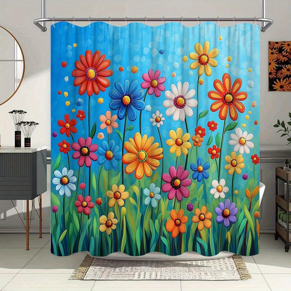 

1Pc Rainbow Daisy Bath Curtain Whimsical Garden Design With Multicolor Flowers Green Stems Gradient Blue Sky Playful Cartoon Dec W60H190(CM)-1 Pcs