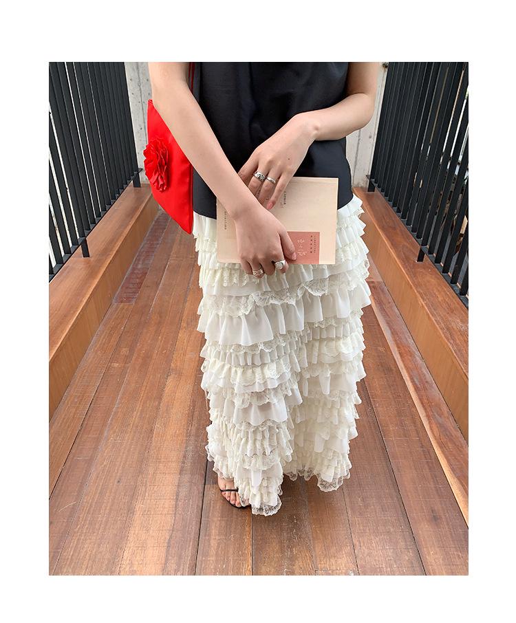 NEWOPEN Summer Pleated Lace High-Waisted Layered Cake Midi Skirt