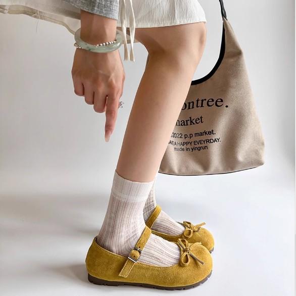 Spring 2025 New Flat Bottom Mary Jane Shoes with Bow Women's French Round Head Ballet Style Single Shoes