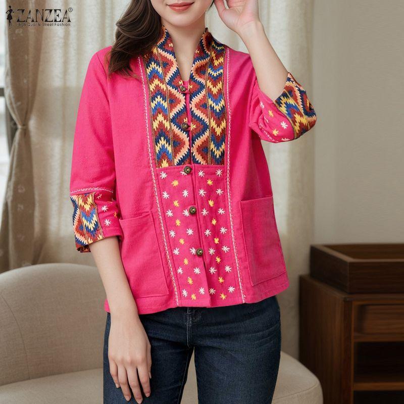 ZANZEA Women Ethnic Print Casual V-Neck 3/4 Sleeve Loose Blouse