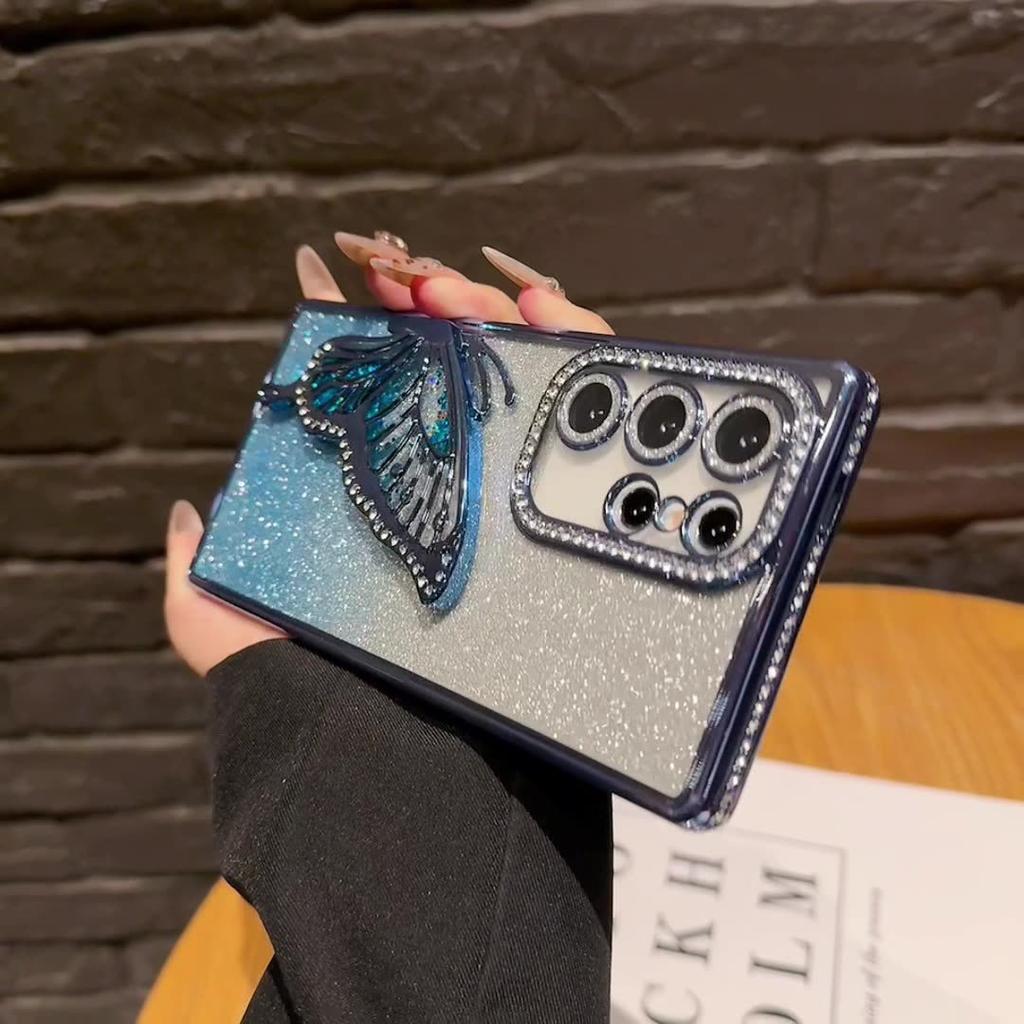 Three-dimensional Butterfly Bracket Suitable for Samsung S25FE Mobile Phone Case A17 Side Diamond Glitter Powder Light Luxury Protective Case