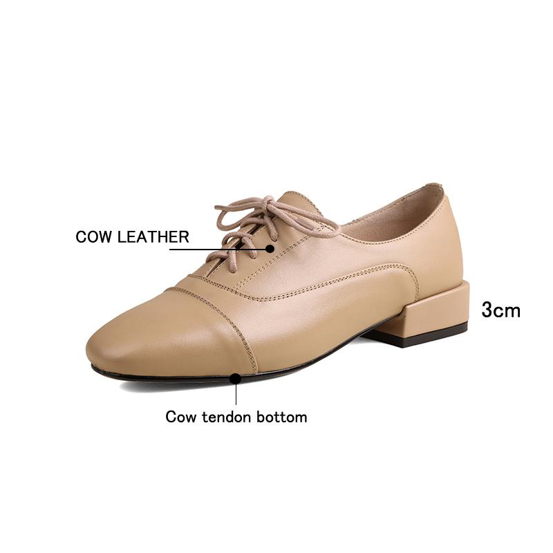 Fashion Women's New Leather Cowhide Spring and Autumn Lace Up Mid Heel Large Comfortable Casual Work Single Shoe
