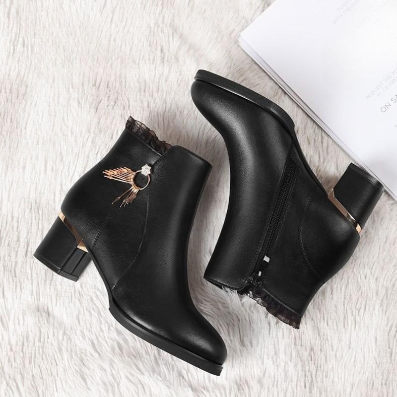 Autumn Winter Black Booties Elegant With Medium Heels Women'S Ankle Boots Leather Warm Female Short Shoes Comfortable Boot Sale