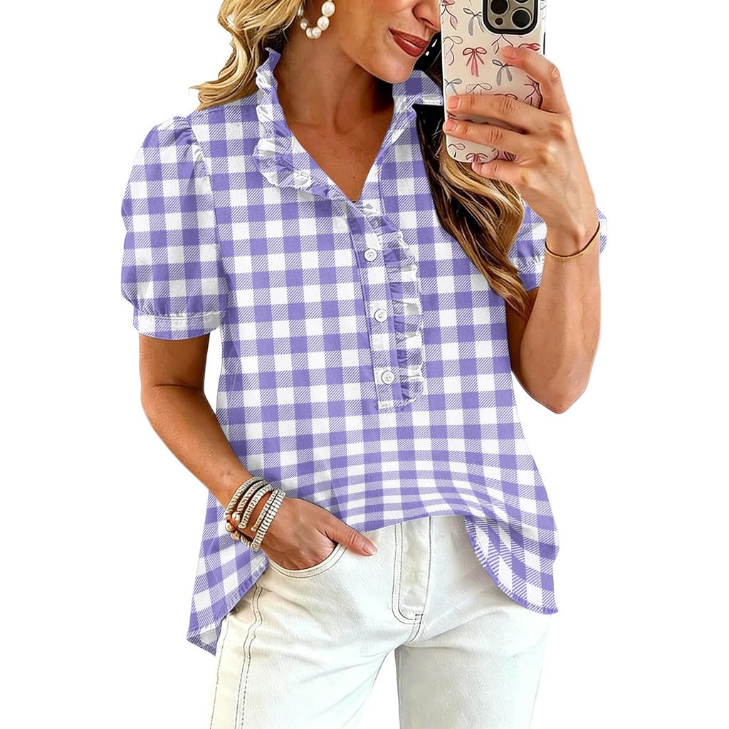 Blusa Informal de Moda para Mujer con Volantes, Cuello en V, Estampado a Cuadros, Manga Corta, Botones, Corte Holgado, para el Día a Día, Oficina
