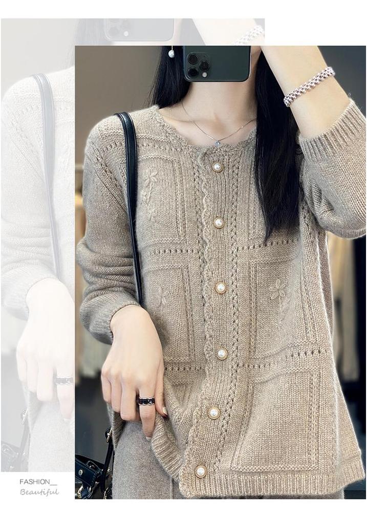 2023 Women's Pure Wool Round Neck Hollow Out Jacquard Knit Cardigan - 100% Cashmere, Loose Fit