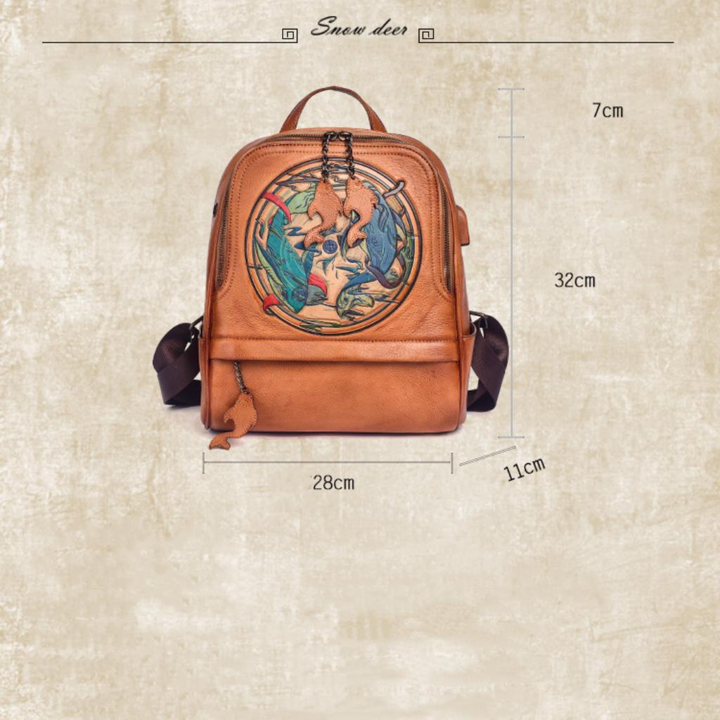 Leather Shoulder Bun Top Layer Cowhide Creative Backpack Printed Handmade Vintage Travel Bag