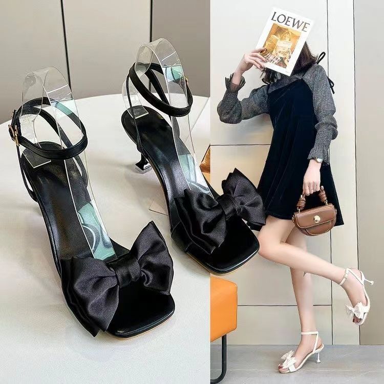 Cute and Sweet Square Head Versatile Bow Sandals 2025 Summer New Niche One-word Belt Lightweight High Heels Women