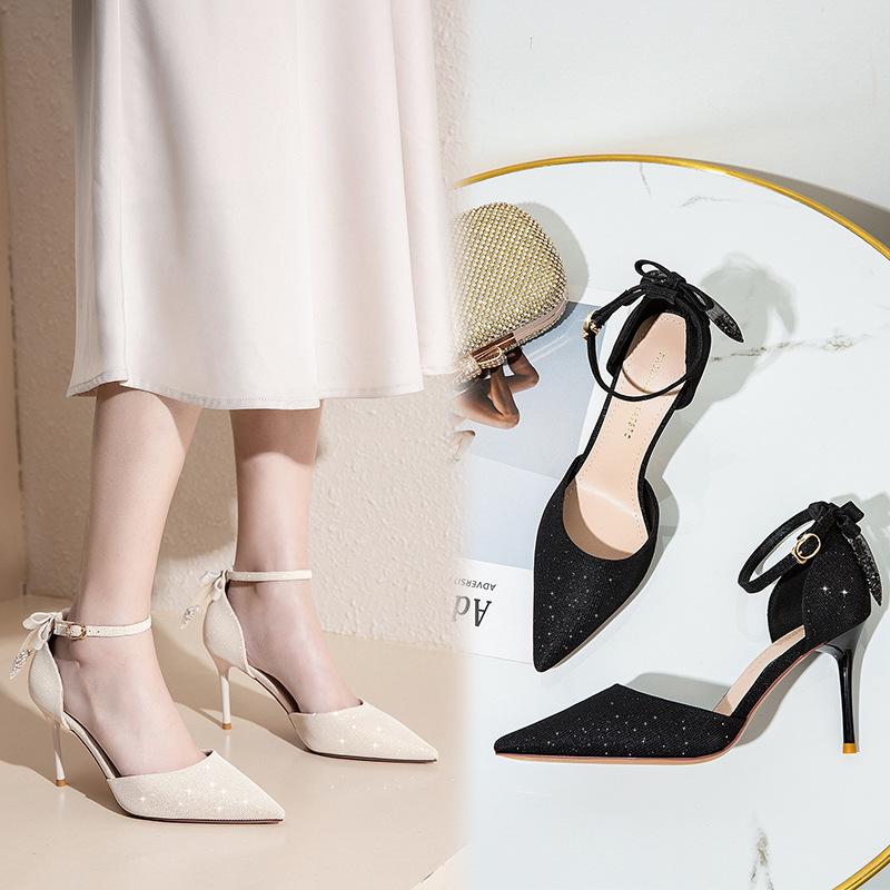 

Spring new pointed fashion single shoes women s fashion Korean version one-word buckle shallow high heels stiletto bow 39 бежевий