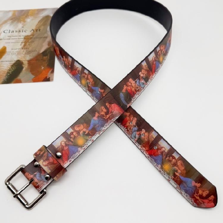 Comfortable Retro Art Waist Belt The Last Supper Design Waist Sash PU Leather Adjustable Size for Men Women